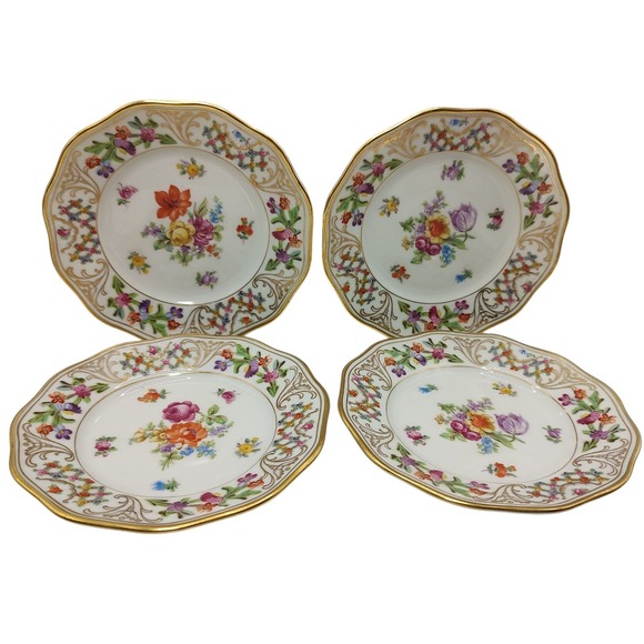 Schumann Bavaria Appetizer Plates Dresden Flowers Scalloped Edge Set of Four - Picture 1 of 12